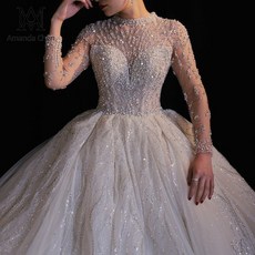Abito da sposa alta pescoço 만화 longa rendas apliques pérolas vestido de casamento 2021, 마르 핌, 14