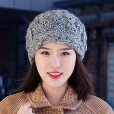 달빈 니트비니 여성 핸드메이드 털실 스티치 펀칭 겨울 가을 플라워 베레모 가리다 화이트 발 빅사이즈 모자
