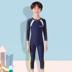 Yuke 키 즈 수영복 남자 아이 중 큰 긴 소매 선 케 어 수영 바지 잠수복 해파리 자외선 차단 높 은 폭탄 항 산소 해변 서핑 복 - 네 이 비 [긴 소매] L (27 38 근 103 13cm 권장)