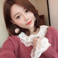 콤마 긴팔 이너셔츠 봄가을 펀칭 블라우스 나팔소매 이너 상의 여성 러플 망사