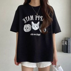 주디앤 여성 해피캣츠 루즈핏 면 반팔 티셔츠