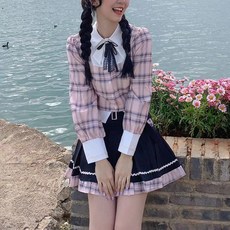 (대여)교복몰 교복 핑크체크 페이크 긴팔 세라복 청춘