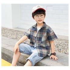 뉴타임즈10 남아 셔츠 남자 아동 셔츠 년 여름 개성이 있어 멋스러운 순면 아동 반팔 체크 셔츠 QH90 A28