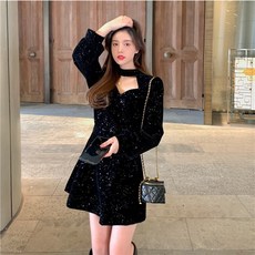 POMTOR 겨울원피스 번쩍번쩍하다 벨벳원피스 여성 겨울하객룩