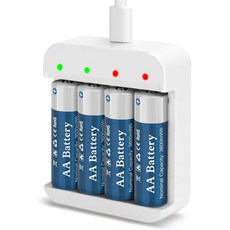 3600mWh AA 충전식 1.5V 리튬 배터리 12팩 충전기4베이 독립 슬롯 블링크 실외 카메라용 오래 지속되는 더블 A 사이즈, 4 Pack