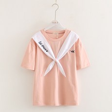 자수 학생 상의 여자 이니셜 자수 보타이반팔 여름 파스텔 여성