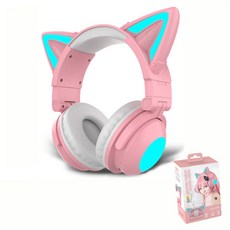고양이헤드셋 귀여운 게임용 고양이 귀 헤드셋 마이크 무선 헤드폰이있는 제어 rgb 조명 7.1 스테레오 pc 전화 용 ps4 소녀 게이머 코스프레, 상자가 달린 분홍색