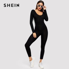 Shein 블랙 스트라이프 사이드 솔기 백 레스 유니 타드 스키니 점프 슈트 2019 여성 맥시 라운드 넥 롱 슬리브 아웃 점프 슈트