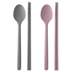 Coco Will Iwain矽膠2人餐具組, 2湯匙+2筷子, 1組, 灰色, 粉色