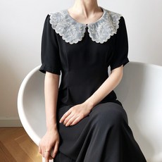 베이비돌원피스 레이스 베이비카라 여성원피스 여름미들 롱타입 법식 복고 하이웨스트 허리조임 날씬해보이는 시폰스커트 작은 검은치마