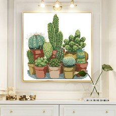 홈 인테리어 봄 선인장 화분 식물 DIY 십자수 패키지 세트, 4중 이집트 코튼  43 × 45 cm