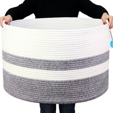 Casaphia XXXLarge 면 로프 바스켓 55.1cm x 35.1cm21.7 21.7 13.75인치 우븐 세탁 담요 바구니 핸드잡이 보관 이불 쿠션 스레드, 1개, 화이트 및 그레이