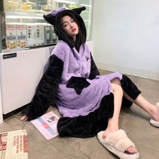 쿠로미 후드 극세사 롱 코트 원피스 잠옷 (퍼플) 산리오 캐릭터 겨울 코트형 수면 파자마
