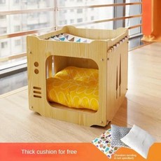 고양이숨숨집 원목 우드 펫하우스 사계절 DIY 빌딩 블록 침대 케이지 캐빈 환기 및 통기성, 1개, Wood 색상 - 1