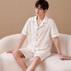 커플 니트 면 오픈 반바지 파자마 투피스 빅 사이즈 실내복 아우터 세트