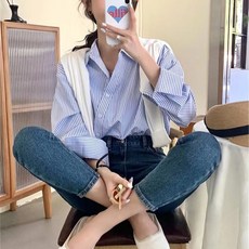 예쁨시전 언발 버튼랩 봄가을 데일리 긴팔 스트라이프 셔츠