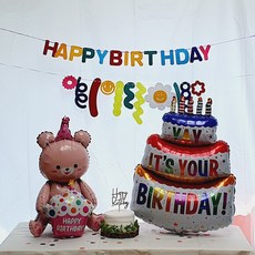 케이크풍선 곰돌이 풍선 케이크 데이지 생일 파티 핑크세트