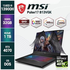 2023년형 MSI Pulse 17 B13VGK 240Hz QHD 13세대 인텔 i9 RTX4070 게이밍노트북, 블랙, 코어i9, 1TB, 32GB, Free DOS