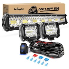 Nilight 50.8cm(20인치) 420W LED 조명 바 옐로우 트리플 로우 플러드 스팟 콤보 42000LM 드라이빙 보트 LED 오프로드 조명 12V 온/오프 5 16AWG, 화이트, 1개