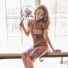 야오야오 시스루 자수 치파오 슬립+티팬티 세트