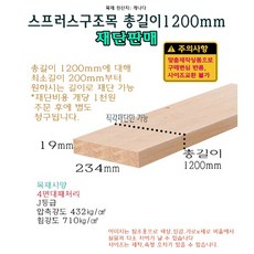 스프러스 구조목 총길이 1200mm 234x19mm 원하는 길이 재단 구조재 각재 1.2m 절단 맞춤 주문 제작