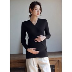 패션 임산부 이너 티셔츠 빅사이즈 겨울 슬림핏 임부복 니트 캐주얼 브이넥 수유 긴팔 티셔츠 YJW