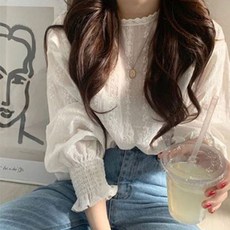 델라왕 여성용 엔젤 자수레이스 긴팔 블라우스