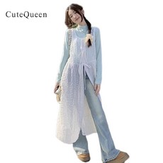 CuteQueen 여성 레이스 빅사이즈 롱원피스 레이어드 임부복 원피스 앞뒤 양면착용 얇은 치마 나시 원피스 BN040124