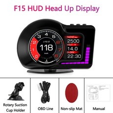 AMPrime F15 OBD2 + GPS 헤드 업 디스플레이 자동차 HUD 디지털 속도계 보안 알람 RPM 모든 차량용 수온, 01 Black, 1개
