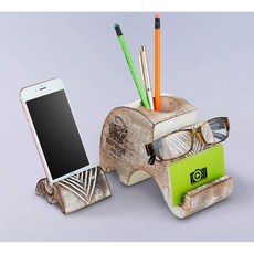 Exhibious India Woodle Desk Organizer - Elephant Pen Cup/Eyeglass 스탠드/이름 카드 홀더/Mobile Holder White 7 x 3 x, 단일옵션