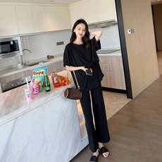 임산부 여름 세트 캐주얼 반팔 라운드 티셔츠 상의 + 트렁크 팬츠 상하 투피스 루즈핏 임부복 기질 임부 투세트