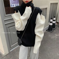 와이드 루즈핏 오프숄더 목폴라 패치워크 블러킹 스웨터 8698