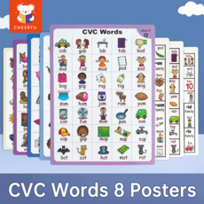 131 CVC Cards + 2 Workbooks +8 Posters 영어 카드 파닉스 단어 유아를 위한 병음 단어 영어 학습 카드 어린이를 위한 언어 차트와 책, 8 Poster