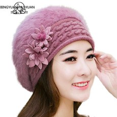 BINGYUANHAOXUAN 뜨거운 판매 따뜻한 귀여운 공주 토끼 모자 여성 겨울 니트 베레모 모자 꽃 여성의 토끼 모피 베레모|rabbit hat|hat femalehat w