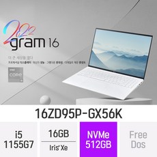 LG 그램 NEW 출시 16ZD95Q-GX56K 12세대 인텔 i5/램16GB 고해상도 노트북, Free DOS, 16GB, 256GB, 인텔 12세대 코어 i5, 화이트