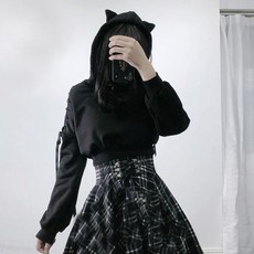 Kpop 여성용 고딕 컷 아웃 크롭 후드 단색 고양이 귀 후드 풀오버 카와이 하라주쿠 탑 스트리트웨어 운동복