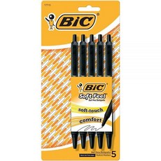 BIC Soft Feel 블랙 접이식 볼펜 미디엄 포인트(1.0mm) 5개입 팩 부드러운 촉감의 편안한 그립이 있는 펜