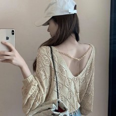 포린박스 브이넥 루즈핏 시스루 그물 숏 크롭 니트 SY