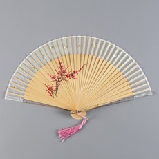 크리스탈 손잡이와 새로운 대나무 공예 팬 숙녀 접는 팬 손으로 그린 실크 팬 항주 실크 팬 중국어 실크 댄스 팬|장식용 팬|, 1개, Plum blossom