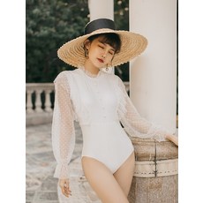 여성 도트 레이스 시스루 긴팔 모노키니 수영복 슬림, 화이트