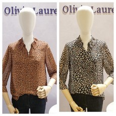 올리비아 로렌 나염 프린트(레오파트) 트임 주름카라 가을 쉬폰 블라우스