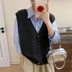 여성 봄가을 학원풍 민소매 니트 베스트 브이넥 오버핏 단추 니트 가디건 조끼 아우터 레이어드