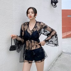 니트모노키니 풀빌라 화사 수영복 섹시 강남역 수원역 수영복 시스루 비키니 이효리 로브, 블랙[분체식]