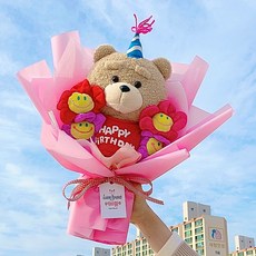 댕이네꽃밭 생일축하해 19곰테드 스마일꽃 인형 꽃다발 생일선물 기념일 여자친구 20대, 포장지 연노랑색