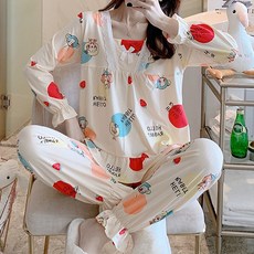 스타일아유 여성 감미로운 프린트 레이스 잠옷 긴팔 상하의 세트 홈웨어 실내복 10 COLORS