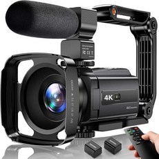 4K 비디오 카메라 캠코더 48MP UHD WiFi IR 나이트 비전 블로깅 유튜브용 16X 디지털 줌 터치 스크린 레코더 휴대용 스테빌라이저 렌즈 후드 리모트 2개의 배터리, Black - 디지털비디오레코더