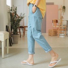 핑크시슬리 여성용 리얼핏 배기 밴딩 데님, F 44_66반, 진청