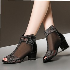 ROYALBELLE 여성 망사 토오픈 샌들 미들힐 집업 샌들 발편한 신발 V31415