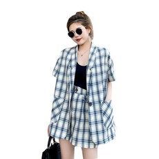 ROYALBELLE 여성 썸머 캐주얼 투피스 체크무늬 오버핏 블레이저 반팔 자켓 패션 와이드 반바지 세트 V40311