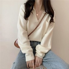 빅 폴로 카라 브이넥 아이보리 오렌지 화이트 니트